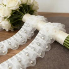 1码长，7厘米宽，奢华透明白色3D蕾丝贴花，带闪亮珠子和褶边，适用于婚纱缝制和婚礼用品 - 珍珠蕾絲帶 - 查看 2
