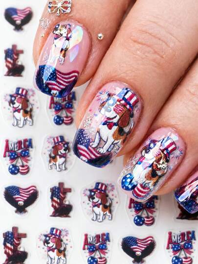 1pc Embossed Flexible Nail Sticker, American Cartoon National Flag & Puppy Nail Art Decals, Retro Decoration, Easy Application & Long-Lasting, Nail Accessory For Holiday Party & Daily Use