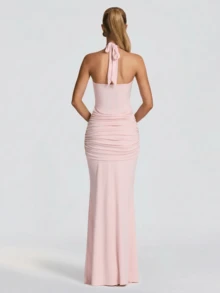 Elegant Sexy Halter Neck Fitted Waist Ruched Party Dress, Ball Gown For Women, High Elastic Fabric For Sexy Slim Fit Silhouette Pink Wedding - Pink - View 2