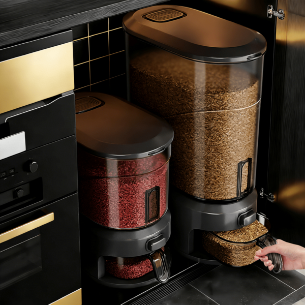  Dispensador de arroz de gran capacidad (9 kg/4,5 kg) con taza medidora, recipiente hermético para almacenar arroz con dispensador automático mediante botón pulsador, contenedor transparente para organizar la encimera de la cocina, la despensa, el arroz, los cereales, las legumbres, los granos y los alimentos secos. Diseño moderno en negro y dorado. Disponible en varios tamaños.
