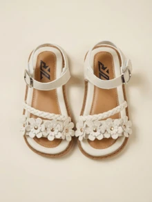 Dép xăng đan điều chỉnh được cho bé gái 3-12 tuổi, giày bệt trẻ em mùa hè, hở mũi, chất liệu da tổng hợp màu trắng, thêu 3D hình nơ, hoa, cánh hoa và lá. - Màu be - Xem 1