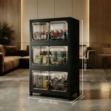 Black Folding Storage Cabinet With Wheels And Clear Doors - 3-Tier Stackable Organizer, Collapsible Plastic Rolling Storage Cart For Kitchen, Bathroom, Living Room, Bedroom & Closet, Space-Saving Mobile Unit With Transparent Front And Locking Casters For Toys, Snacks, Books & Household Items, Black Finish (Multiple Layer Configurations Available) - View 13