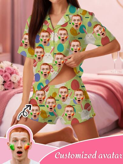 Customized Easter Bunny Print Pajama Set, Women's Sleepwear Set, Personalized Pet Portrait Short Sleeve Couple Pajamas, Paw Print Design, Matching Sister/Best Friend Short Sleeve Pajama Set, Dog Couples, Pet Friendly Couple Pajama Set, Customized Sleepwear Gift, Anniversary Gift, Couple Pajamas, Customized Pajama Set, Holiday Gift, Fashionable & Cute Personalized Gift For Her