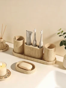 6-Piece Resin Bathroom Accessory Set, Modern Farmhouse Style, Includes Toothbrush Holder, Soap Dispenser, Tray, Tumbler, Cotton Swab Jar (Deep Beige) - Multicolor - View 7