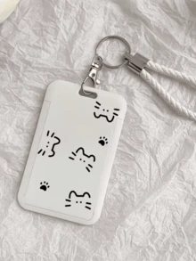 1pc 2D Minimalist Cat Pattern Durable Lanyard Badge Holder, Multi-Function Card Protector, Photo Card Storage Keychain Cover, First Day Of School - Multicolor - View 3