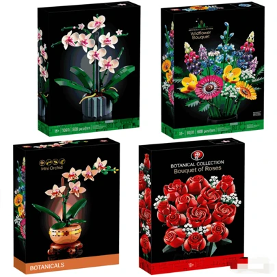 DIY Building Blocks Flower Bouquet Set - Orchid, Wildflower, Mini Orchid & Rose Botanical Collection | 18+ Artificial Flower Building Kit | Home Decor, Desk Ornament & Gift For Her