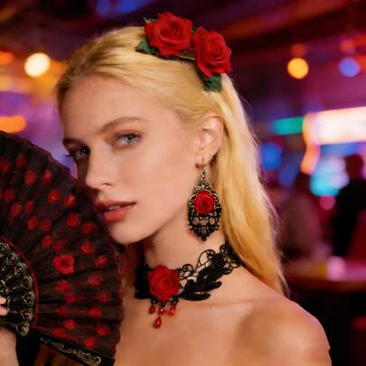 Bộ trang sức Gothic 4 món - Lược cài tóc hoa hồng đen + Dây chuyền thánh giá cổ điển + Hoa tai Gothic + Quạt xếp tay, thích hợp cho các bữa tiệc, tiệc chiêu đãi, sự kiện hóa trang và Halloween, mang phong cách Victoria tinh tế và vẻ đẹp huyền bí.