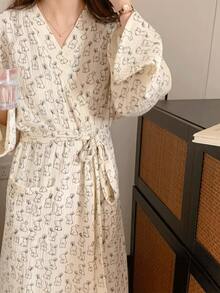 Lightweight Spring/Summer Robe/Sleepwear, Rabbit Print Sheer Robe/Kimono, Minimalist European Style, Long Sleeve, V-Neck, With Pockets, Comfortable Women's Loungewear Robe, Suitable For Spring, Summer, Autumn, Home, Bathroom, Best Birthday Gift For Daughter/Family - As Show - View 7
