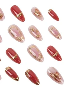24Pcs Cat Eye Blush Medium Almond Press On Nails, 3D Gold Bow & Rose Flower Decor, Red Glossy Fake Nail Set, Perfect For Summer Dates - Red - View 2