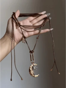 1pc Star & Moon Tassel Geometric Pendant Necklace, Silver Metal & Leather, Elegant Vintage Style For Women, Party & Daily Wear, New Year Gift - Multicolor - View 2