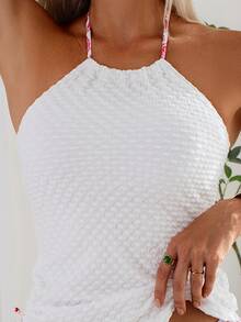 2026 New White Bubble Halter Tankini Set Red Paisley Print Side Drawstring Two Piece Swimwear - White - View 3