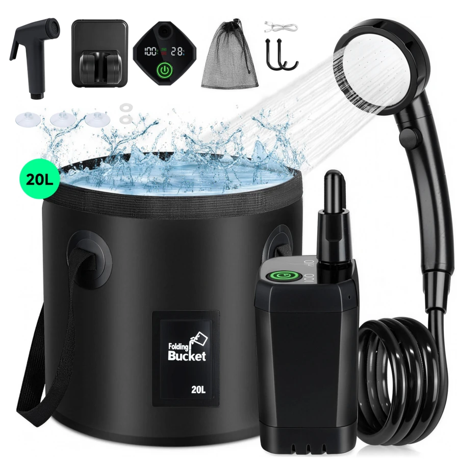 Senmeo 6000mAh Camping Shower With Powerful Water Pressure, Rechargeable Shower Pump, IPX7 Waterproof, 4 Spray Modes, 5 Gallons Foldable Bucket, Portable Shower Kit For Camping, Hiking, Beach, Pet & Car Washing - Camping Shower with 20L Bucket - 查看 1