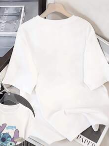 Women's White T-Shirt With Disney Minnie Mouse, Mickey Mouse, And Stitch Character Designs Is Especially Suitable For Warm Spring And Summer. - White - View 3
