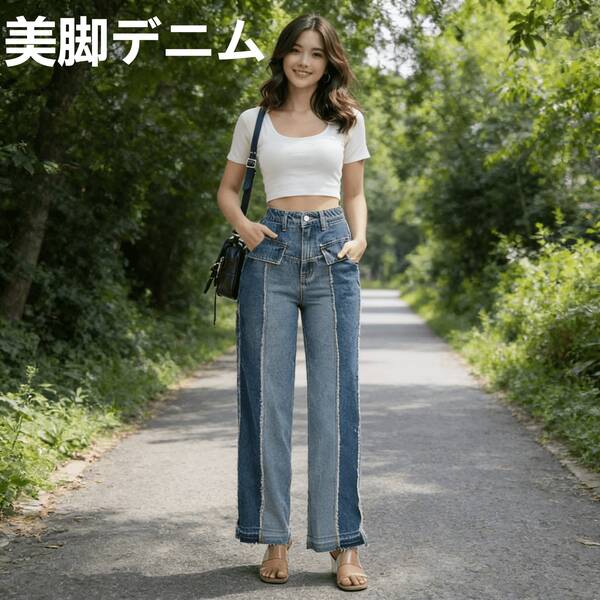 デニムパンツ レディース ハイウエスト バイカラー ワイド 美脚 カジュアル