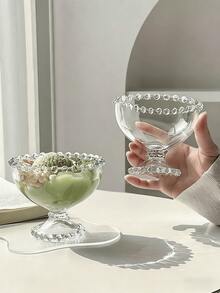 1 个串珠玻璃甜点碗/1 个串珠勺，独特的透明玻璃器皿，带串珠和蝴蝶结边缘，短脚冰淇淋碗，冷饮和甜点杯，水果碗，蔬菜沙拉碗，冰淇淋甜点串珠勺，适用于家庭、办公室、餐厅 - 珠點矮腳碗 - 查看 1