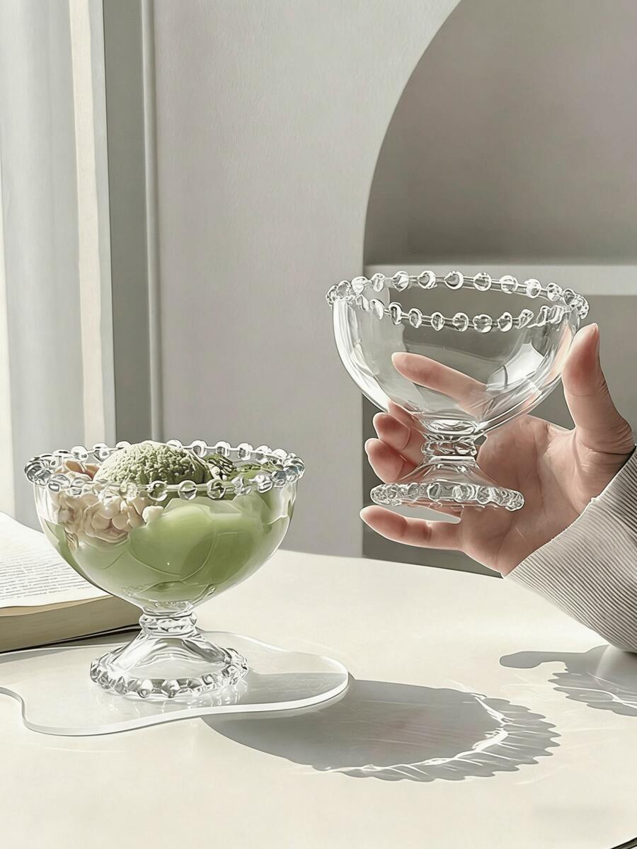 1 个串珠玻璃甜点碗/1 个串珠勺，独特的透明玻璃器皿，带串珠和蝴蝶结边缘，短脚冰淇淋碗，冷饮和甜点杯，水果碗，蔬菜沙拉碗，冰淇淋甜点串珠勺，适用于家庭、办公室、餐厅 - 珠點矮腳碗 - 查看 1