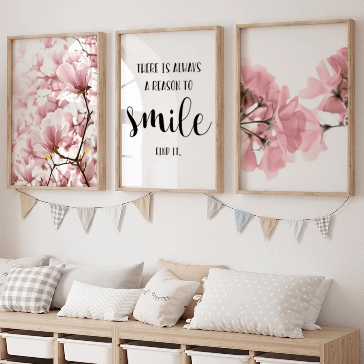3pcs Nordic Style Floral Smiling Face Quote Wall Art - Pink Magnolia Flower Print, Pink Floral Decor Suitable For Living Room, Bedroom, Office - Simple Installation Canvas Wall Art, Fashionable Girl Art, Inspirational Quote Art, Home Decor, Painting - 3pcs - View 1