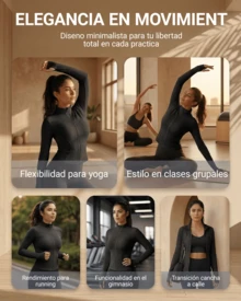 Chaqueta deportiva de manga larga con cremallera de color liso para mujer, corte ajustado y puños con abertura para el pulgar, ideal para fitness, yoga y running. - Negro - Ver 6