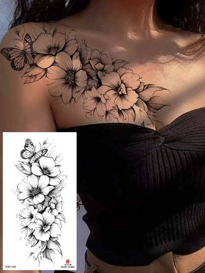 1 buc tatuaj temporar sexy cu buchete florale + fluture, design floral la modă, autocolant tatuaj negru inedit, realist rezistent la transpirație, potrivit pentru talie, picior, braț și alte zone, unisex, de lungă durată 7-14 zile, ușor de aplicat și îndepărtat, poate acoperi cicatricile.