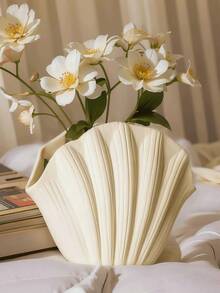 1pc Shell Shaped Vase, Modern Minimalist Decorative Container With Wrinkled Texture, Elegant White Unique Shell Silhouette With Embossed Pattern Desktop Centerpiece Decor For Home, Living Room, Bedroom, Entryway, Office, Vase, Home Decor, Wedding Party Table Decoration - Multicolor - View 1