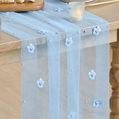 仿珍珠装饰桌旗，白色珍珠雪纺婚礼桌旗，加长桌旗，适用于婚礼拱门装饰、接待区、新娘礼物、圣诞装饰