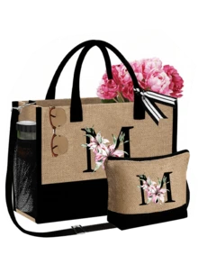 1 Conjunto Bolsa de Praia Feminina, Bolsa de Lona e Chapéu Acessórios de Praia, Letra A-Z, Adequado para Casamento, Aniversário, Férias, Ótimo Presente para Senhoras, Mães, Professoras, Amigas, Madrinhas, Estudantes, Bolsa Grande para Viagem, Fim de Semana, Presente de Aniversário Personalizado para Ela, Acompanha Lenço - Multicolorido - Visão 19