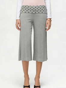 Women's Fold Over Waist Capri Fashionable Casual Solid Color Low Rise Wide Leg Crop Pants - Dark Grey - View 1