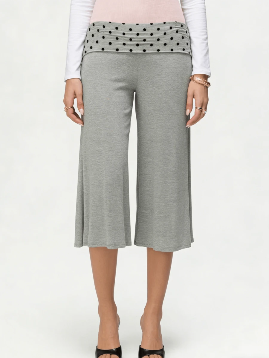 Women's Fold Over Waist Capri Fashionable Casual Solid Color Low Rise Wide Leg Crop Pants - Dark Grey - View 1