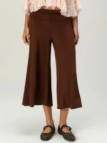 Women's Fold Over Waist Capri Fashionable Casual Solid Color Low Rise Wide Leg Crop Pants - 深棕色 - 查看 1