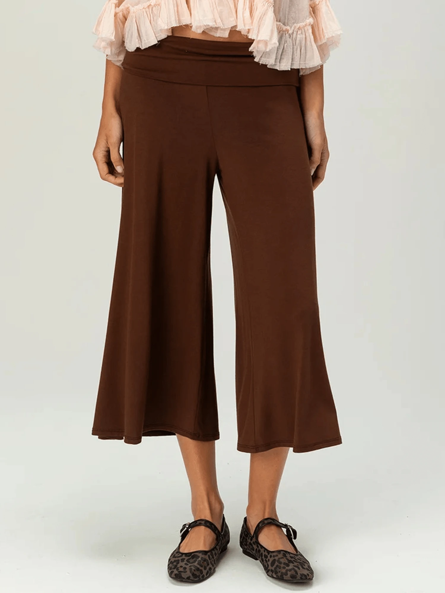 Women's Fold Over Waist Capri Fashionable Casual Solid Color Low Rise Wide Leg Crop Pants - 深棕色 - 查看 1