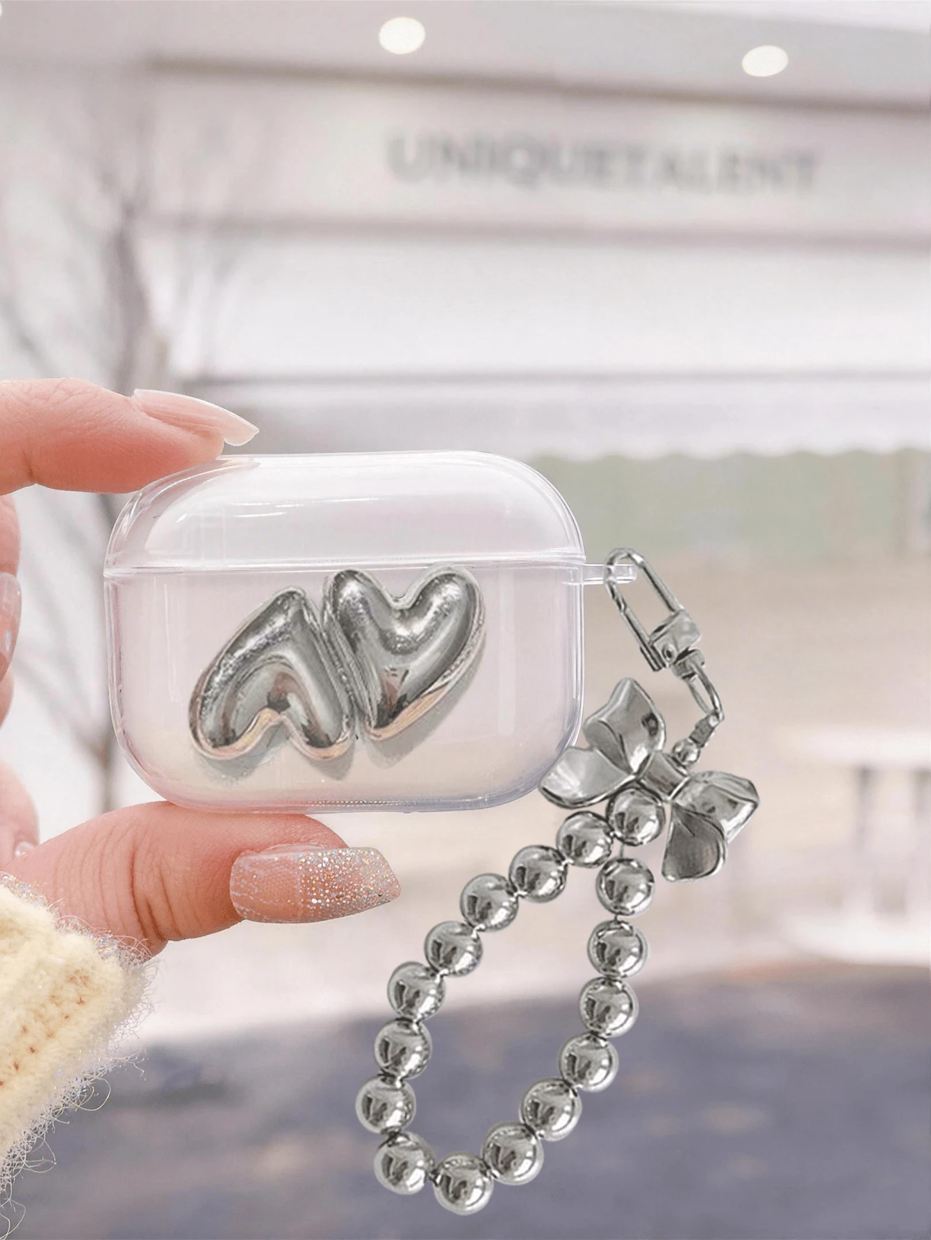 3D Double Heart Bow Shaped Earphone Protective Case, Suitable Compatible With Apple Devices, Perfect Gift For Valentine's Day And Best Friends - Clear - View 1