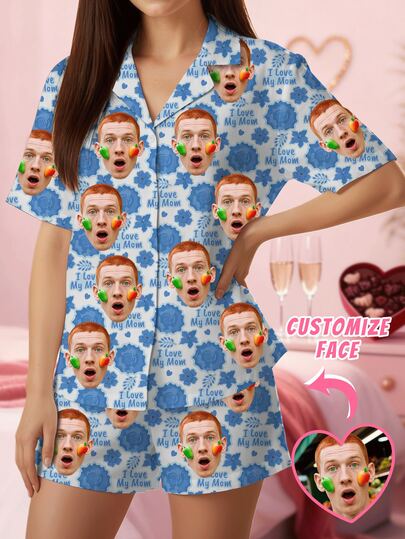 Customized Mother's Day Happy Print Pajama Set, Women's Pajama Set, Personalized Pet Portrait Short Sleeve Couple Pajama Set, Floral Design, Sister/Best Friend Matching Short Sleeve Pajama Set, Dog Couples, Pet Friendly Couple Pajama Set Gift, Customized Pajama Gift, Anniversary Gift, Couple Pajama, Customized Pajama Set, Holiday Gift, Fashionable & Cute Personalized Gift For Her
