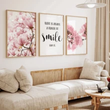 3pcs Nordic Style Floral Smiling Face Quote Wall Art - Pink Magnolia Flower Print, Pink Floral Decor Suitable For Living Room, Bedroom, Office - Simple Installation Canvas Wall Art, Fashionable Girl Art, Inspirational Quote Art, Home Decor, Painting - 3pcs - View 2