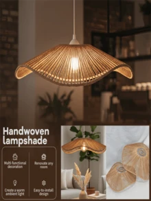 Delicate Ruffled Lamp Shade, Handwoven Boho Style Lamp Shade | Wicker Craft | Decor For Living Room, Dining Room, Bedroom | Bulb Not Included | Minimalist Packaging Design - A - View 3