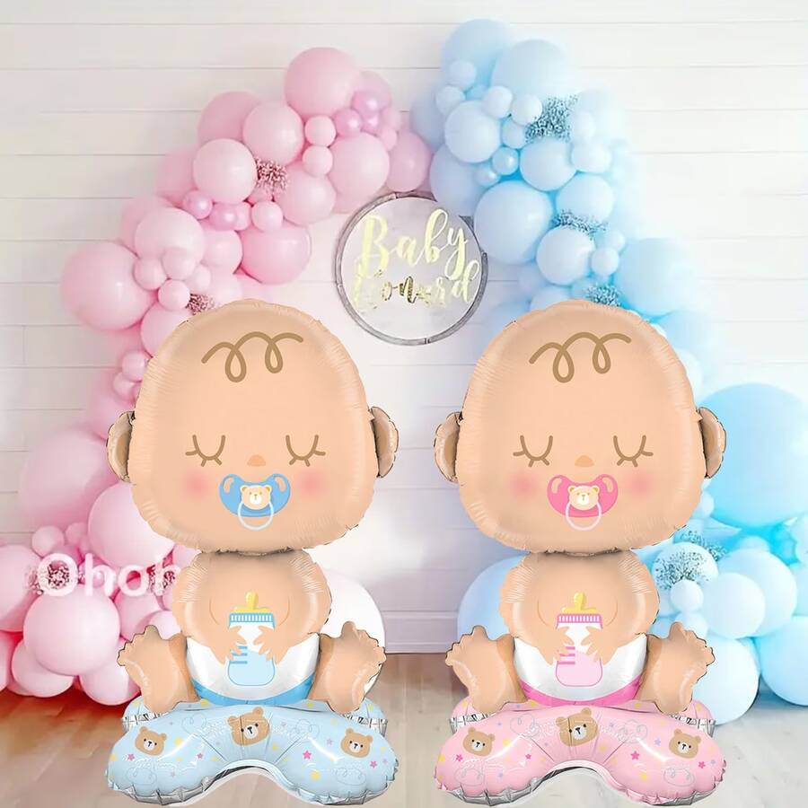 2 Stücke Geschlechts-Enthüllungs-Party Dekorationen mit ausdrucksstarken Augen, Mund und Füßen - zarte rosa und blaue Luftballons, stabiler Sockel, geeignet für Taufe, Hochzeit, Geschlechts-Enthüllungs-Party - kompatibel mit Luftballonbögen - Übersicht 1