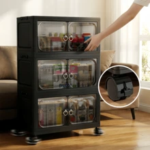 Black Folding Storage Cabinet With Wheels And Clear Doors - 3-Tier Stackable Organizer, Collapsible Plastic Rolling Storage Cart For Kitchen, Bathroom, Living Room, Bedroom & Closet, Space-Saving Mobile Unit With Transparent Front And Locking Casters For Toys, Snacks, Books & Household Items, Black Finish (Multiple Layer Configurations Available) - View 8