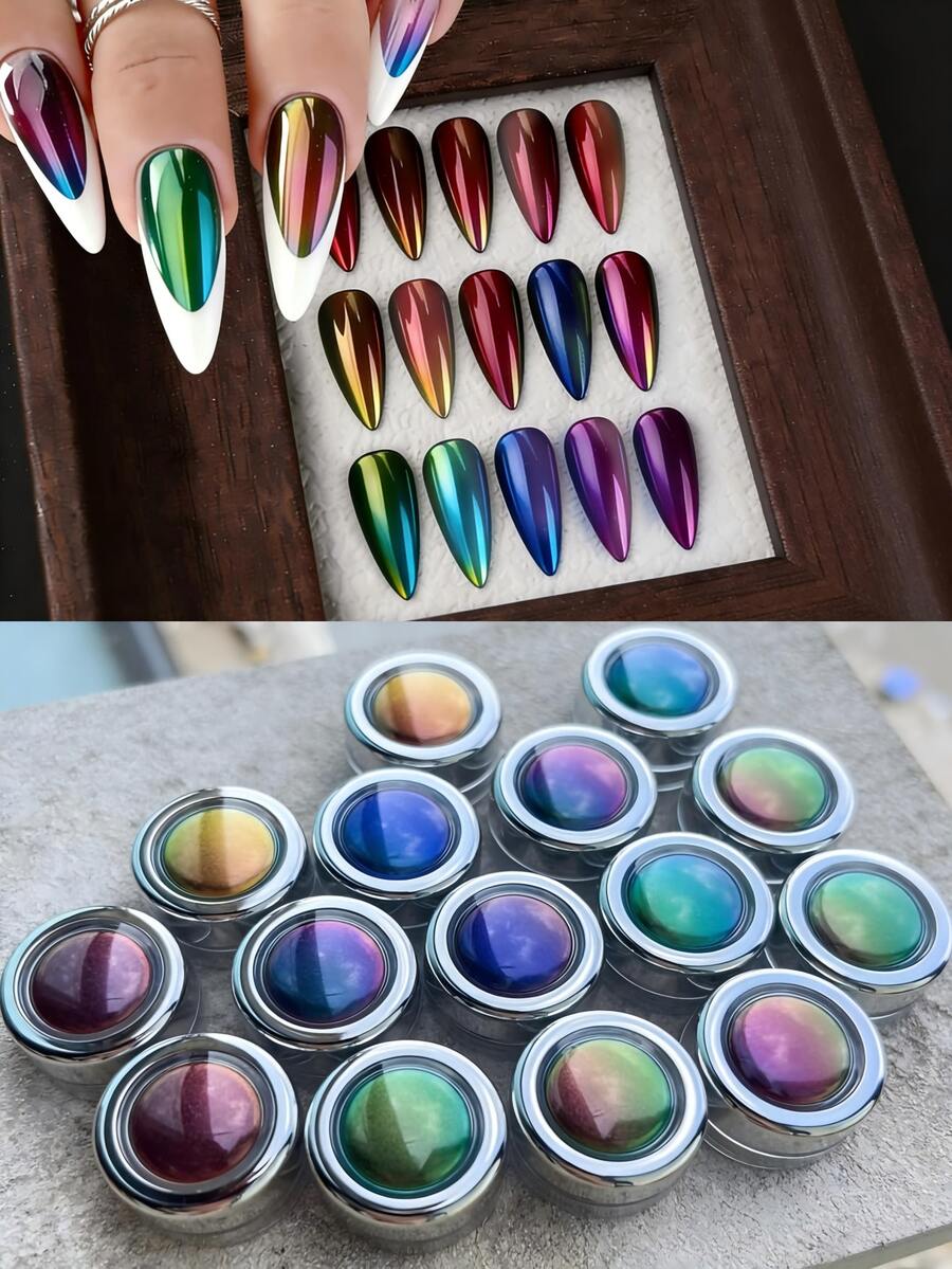 15pcs Y2K Shiny Magic Mirror Nail Powder, Chameleon Aurora Metallic Nail Decor, Create Metallic Nail Art - Multicolor - View 1