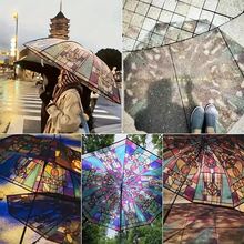 Stained Glass Style Transparent Umbrella - Romantic Poetic Folding Design, 8 Durable Ribs, Automatic Open/Close, Plastic Handle, Outdoor Travel Essential, 1pc/Pack - Multicolor - View 5