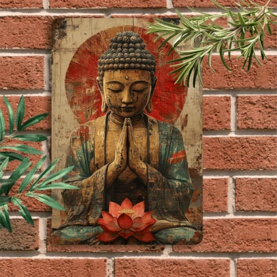 1pc Vintage Buddha Metal Wall Art - 8x12 Inch Iron Plaque With Lotus, Peaceful Meditation Decor For Home, Office, Club And Cafe, Easy To Install, Zen Home Decor