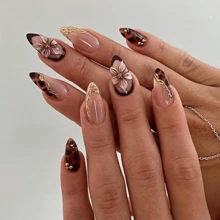 Y2K 粉棕色豹纹中号杏仁形亚克力美甲贴片，24 片，假指甲尖带有 3D 立体花朵和金色线条珠饰，DIY 手工美甲贴纸，包含凝胶和指甲锉，适合女性日常通勤、派对和节日庆典。 - 咖啡棕 - 查看 7