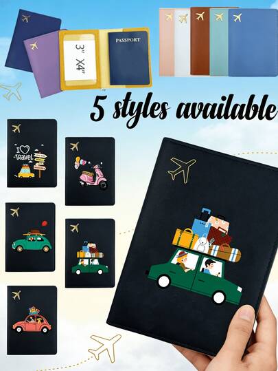 “自驾/飞机旅行主题”真皮护照夹，手工缝制PU材质旅行护照夹，汽车/飞机图案，仿皮材质，护照文件收纳包。适合旅行和商务出行，也是送给家人、朋友或爱人的绝佳礼物，可作为生日或节日礼物。