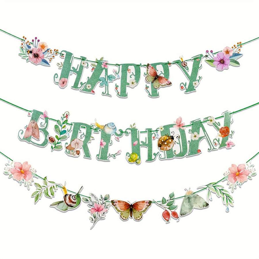 1 Set Sage Green Happy Birthday Spring Banner With Butterflies And Flowers - All-Season Versatile Party Decoration - View 1