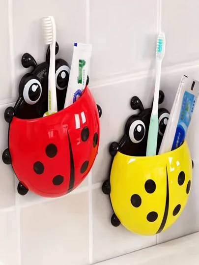 1pc/2pcs Ladybug Pattern Toothbrush Holder, Wall-Mounted Toothbrush Storage Rack, Suction Cup Bathroom Storage Box, Multi-Function Toothpaste & Toothbrush Holder, Wall-Mounted Makeup Brush & Comb Storage Rack, Drill-Free Bathroom Hanging Toothbrush Holder, Pen Holder, Cutlery Rack
