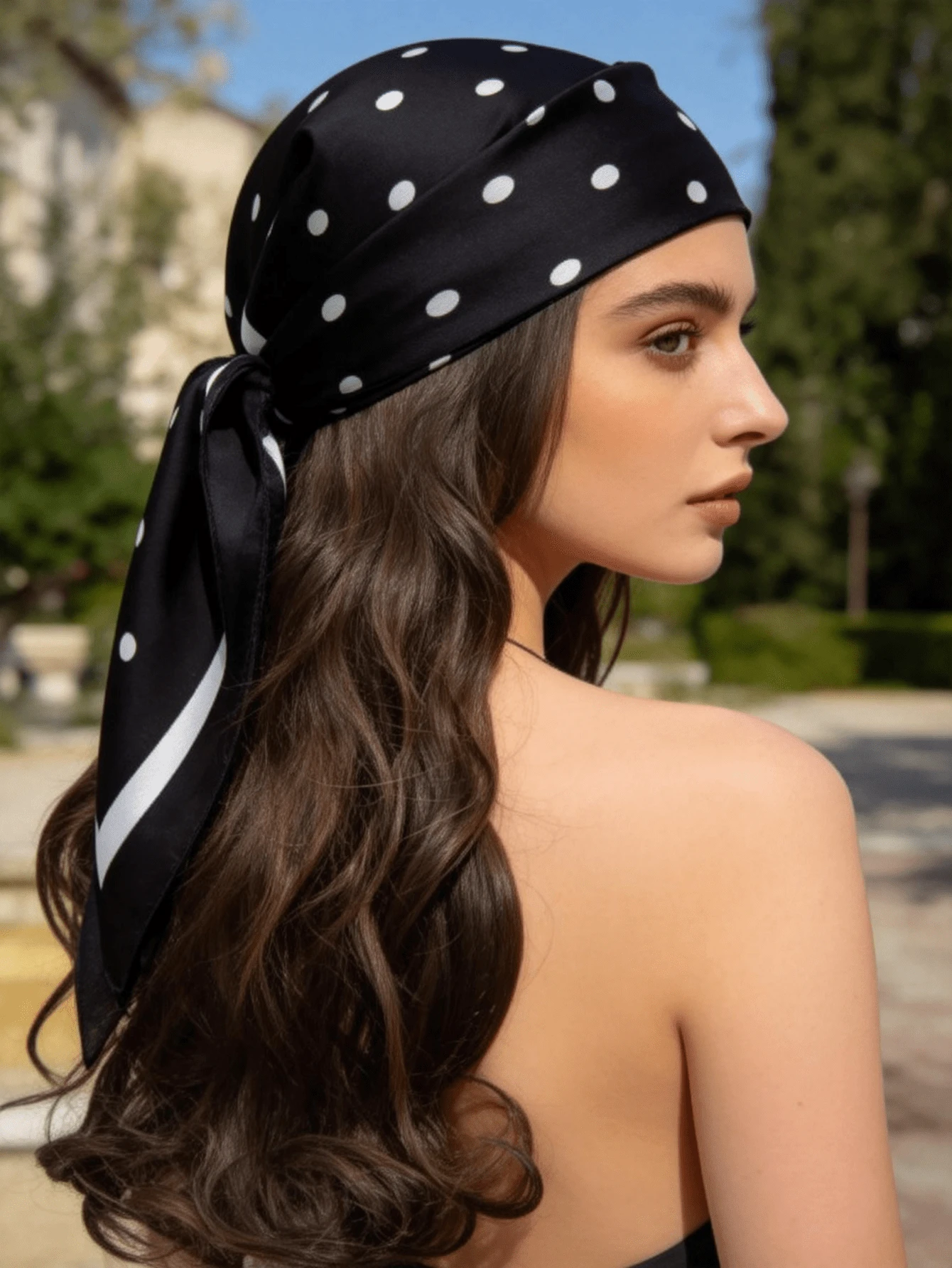 1pc 70*70cm Square Silk Scarf, Women's Satin Printed Headscarf, Can Be Used As Headband, Hair Tie, Shawl, Scarf, Fashion Accessory For Dresses - Polka Dot Black - View 1