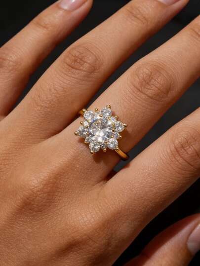 1 chiếc nhẫn đính hôn/cưới bằng bạc Sterling S925, đính đá Zirconia tổng hợp, thiết kế hình bông tuyết, trang sức thanh lịch và duyên dáng dành cho nữ.