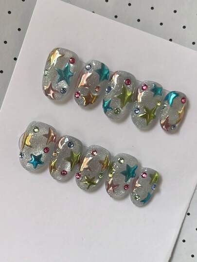 10 piezas de uñas postizas hechas a mano puras de estilo oval corto en colores plata, rosa, azul, verde y amarillo con ojos de gato y estrellas, uñas lindas y elegantes de estilo Y2K para mujeres y niñas, para uso en primavera, verano, otoño, invierno, fiestas y vida diaria