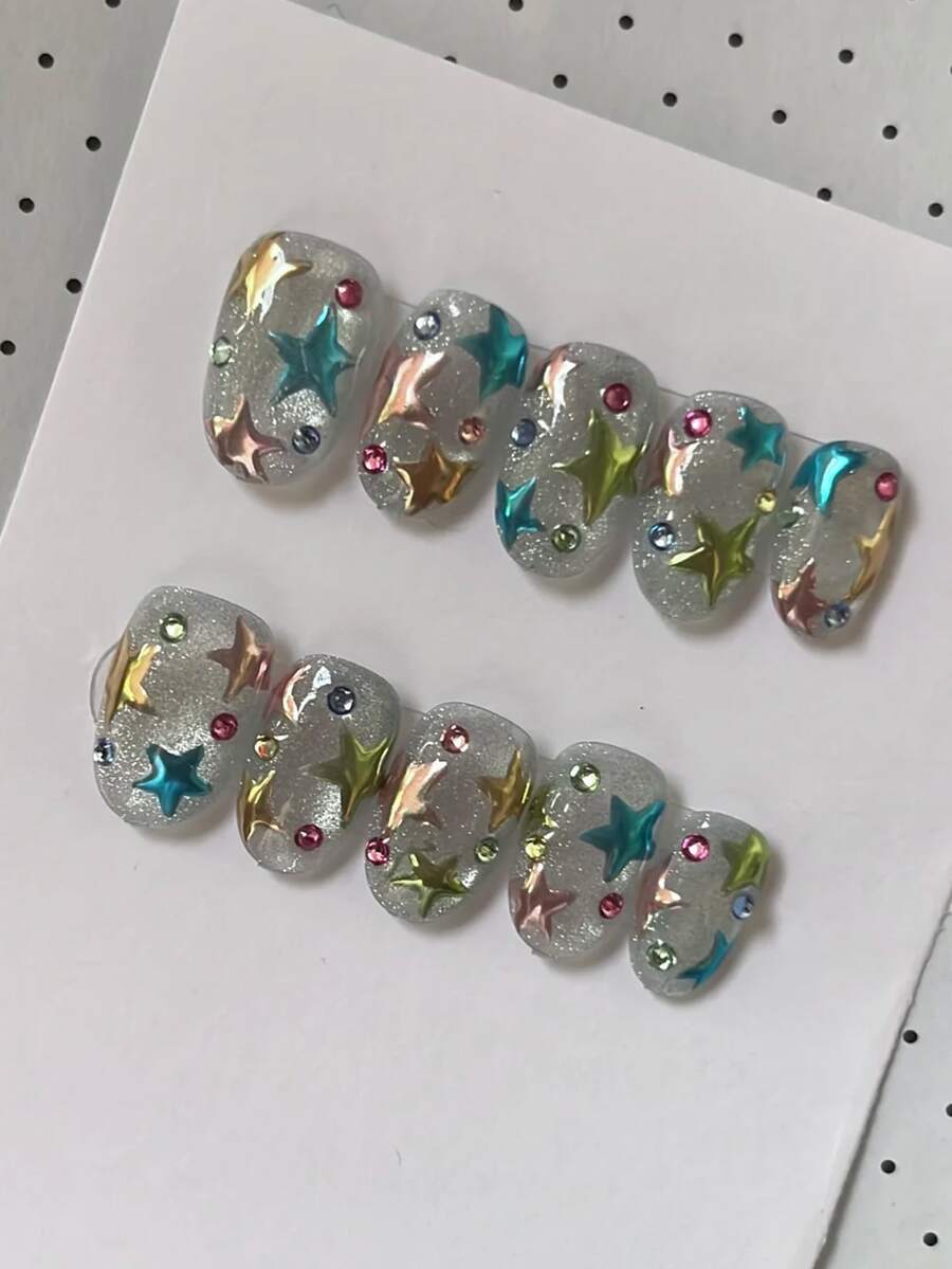 10 miếng dán móng tay hình oval ngắn thủ công, màu bạc, hồng, xanh dương, xanh lá cây và vàng, họa tiết mắt mèo kèm ngôi sao, dễ thương và thời trang, phù hợp cho mùa xuân, hè, thu, đông, các ngày lễ và sử dụng hàng ngày. - Nhiều màu - Xem 1