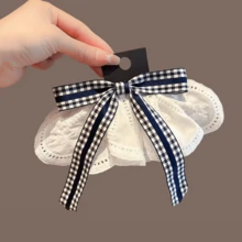 1pc Women's Blue & White Plaid Lace Bow Hair Clip, Spring/Summer Collegiate Style Ribbon Hair Accessory - Multicolor - View 7