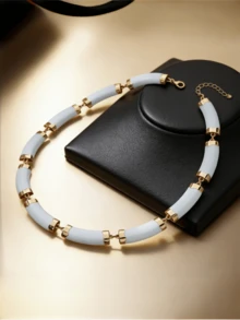 1pc Women's Luxury Curved Splicing Collarbone Chain, European And American Style White Tube Metal Necklace, Versatile Personalized Necklace - Yellow Gold - View 2