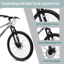 26 Inch Aluminum Mountain Bike, Thickened Suspension Fork, Front & Rear Disc Brakes, 21-Speed Gear System, Adjustable Removable Fenders, Easy Assembly, Ideal For Outdoor Cycling & Commuting For Young Adults - Black and White - View 3